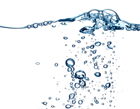 Underwater scene depicts rising bubbles from below against a deep, black background