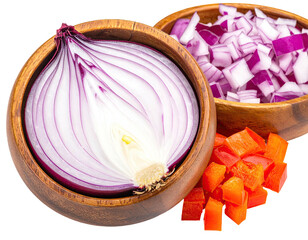 Half red onion & chopped, w/ diced red pepper, in wooden bowls. Brightly lit