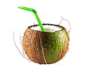 Half-shelled coconut filled with milky liquid, green straw, on black bg