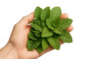 Hand holding bunch of fresh mint leaves, an aromatic green herb ingredient for cooking, drinks, and garnishes, transparent background