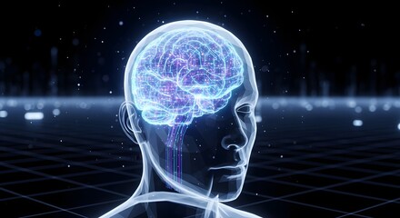 A futuristic digital illustration of a human head with a glowing brain and neural network connections representing advanced technology and artificial intelligence concepts