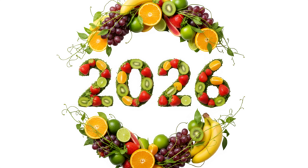 A vibrant fruit wreath with 2026 in the center isolated on transparent background symbolizes a healthy and fruitful new year