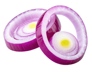Two vibrant red onion rings, detailed layers visible, isolated on a black background