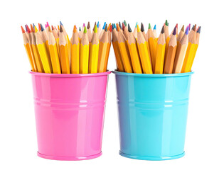 Two colorful buckets filled with pencils, a vibrant display of writing tools