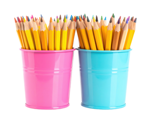 Two colorful buckets filled with pencils, a vibrant display of writing tools