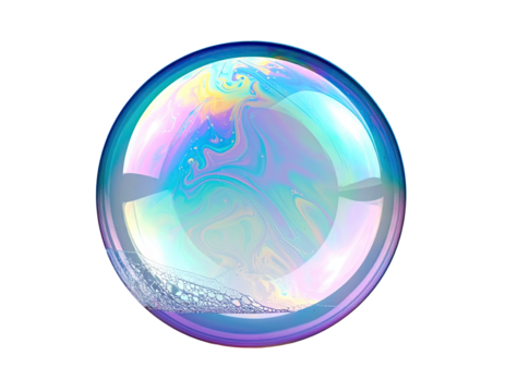 Large iridescent bubble with shimmering surface, floating against a black background