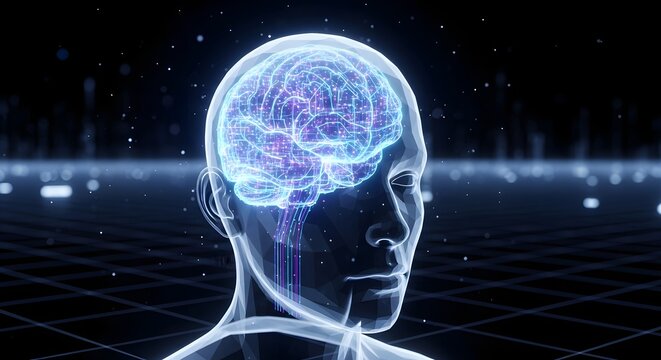 A futuristic digital illustration of a human head with a glowing brain and neural network connections representing advanced technology and artificial intelligence concepts