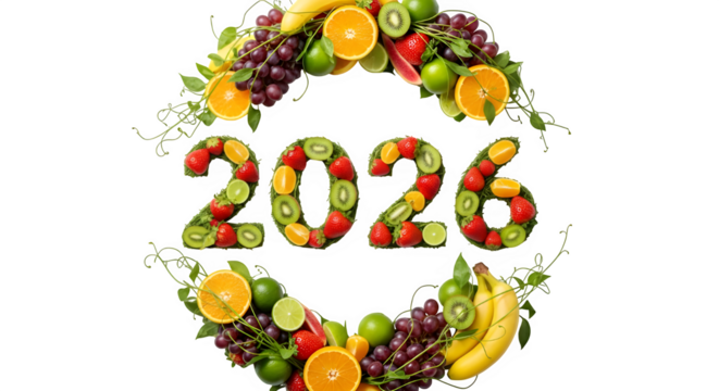 A vibrant fruit wreath with 2026 in the center isolated on transparent background symbolizes a healthy and fruitful new year