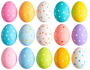 Fifteen vividly colored, polka-dotted Easter eggs arranged in three horizontal rows