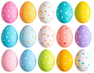 Fifteen vividly colored, polka-dotted Easter eggs arranged in three horizontal rows