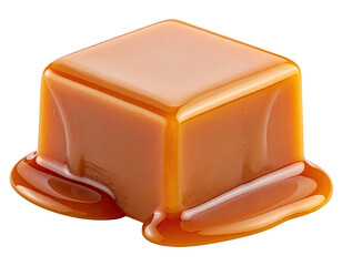 A glistening, square caramel candy with flowing, glossy sauce