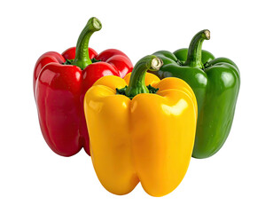 Vivid, colorful bell peppers in red, yellow, and green with fresh green stems