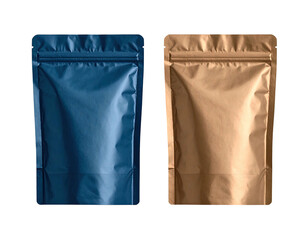 Two vertical pouches, one deep blue and one kraft brown, against a stark black backdrop