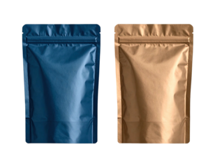 Two vertical pouches, one deep blue and one kraft brown, against a stark black backdrop