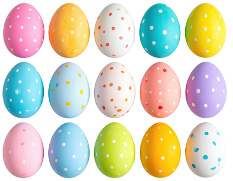 Fifteen vividly colored, polka-dotted Easter eggs arranged in three horizontal rows
