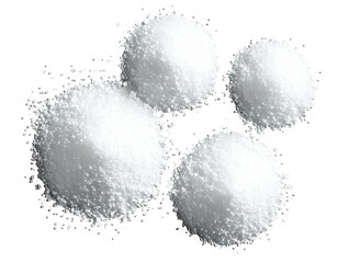 Four white, granular mounds against a stark black background, close-up view