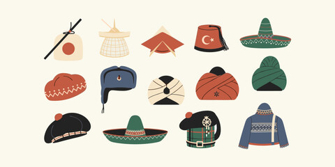 A vibrant collection of cultural headwear illustrations, showcasing diverse traditional hats and caps from around the world, representing global fashion, heritage, and unique ethnic styles