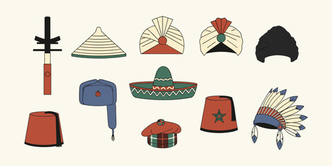 A vibrant collection of diverse traditional and cultural headwear from around the world, showcasing various styles and heritage through illustrative designs