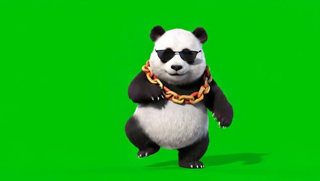 A cool panda wearing sunglasses and a gold chain, dancing with confidence against a green screen background.