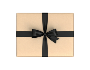 Rectangular brown package, centered, black ribbon, bow on top, plain background
