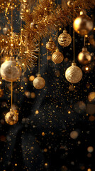 Christmas background image showcasing luxurious hanging gold ornaments, black backdrop, glittering tinsel, falling sparkles, and elegant festive contrast.