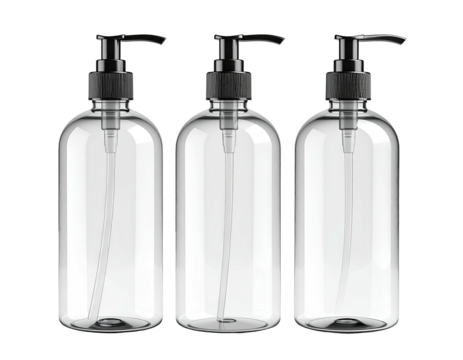 Three clear, cylindrical bottles with black pumps, ready for liquid dispensing