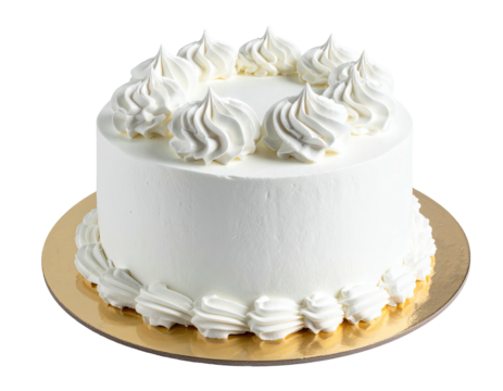Round frosted cake with piped white frosting swirls on a gold serving plate