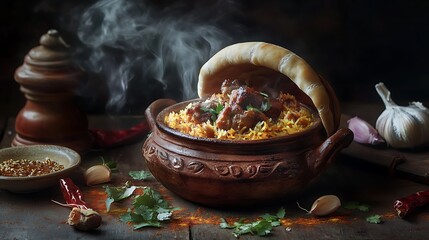 Mutton biryani in a clay pot sealed with dough, pot broken open to reveal steaming biryani, surrounded by spices, chili, garlic and saffron threads