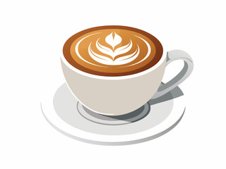 A stylized illustration of a white coffee cup filled with a latte featuring intricate white foam art on a white saucer.
