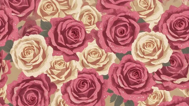Elegant vintage floral background featuring a seamless pattern of beautifully illustrated dusty pink and cream roses, perfect for romantic designs