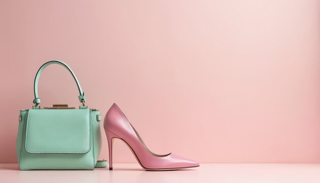 Fashionable high heel shoe stands next to stylish mint green handbag. Elegant accessories rest against soft pink backdrop. Illustration presents minimalist luxury concept for fashion, design projects.