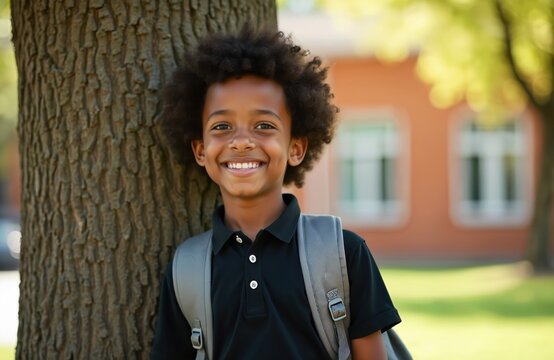 Happy african american boy with backpack smiles near school. Cute elementary pupil stands by tree in park on sunny day. Cheerful student with afro hair looks at camera. Kid ready for education,