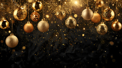Christmas background image showcasing luxurious gold ornaments, dark black contrast, glowing tinsel, falling sparkles, and refined festive elegance.

