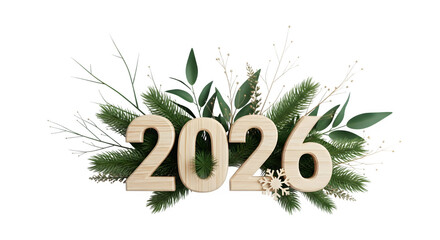 Wooden 2026 numbers with fir branches and eucalyptus leaves isolated on transparent background