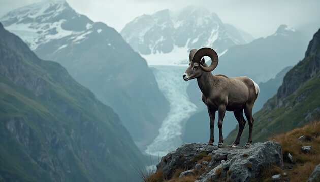 A majestic ram stands on a rocky mountain. The animal looks over a stunning landscape. Scenic photo displays the wild nature with peaks of the mountains covered with snow. - Powered by Adobe