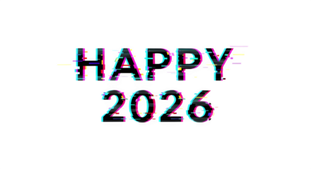 Happy 2026 text with glitch effect isolated on transparent background, symbolizing a futuristic and digital new year celebration