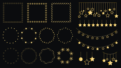 Set of gold frames and garlands for holiday designs. Shining gold metallic round, square shapes and borders. Luxurious glittery clip art for New Year, vector elements