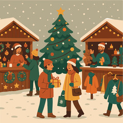 Christmas Market with Lights and People Buying Gifts Vector
