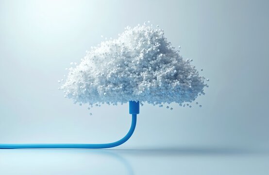 Abstract pixeled cloud formed from cubes connects to blue wire. Digital data transfer concept, 3D rendering illustration. Infographic element for tech and network themes, data storage solutions. - Powered by Adobe