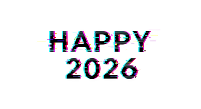 Happy 2026 text with glitch effect isolated on transparent background, symbolizing a futuristic and digital new year celebration