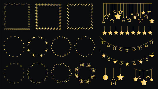 Set of gold frames and garlands for holiday designs. Shining gold metallic round, square shapes and borders. Luxurious glittery clip art for New Year, vector elements
