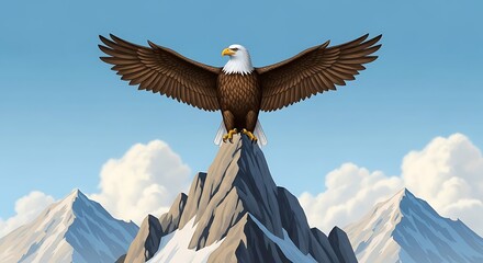 Majestic Eagle Spreading Wings Atop Mountain Peak Illustration.