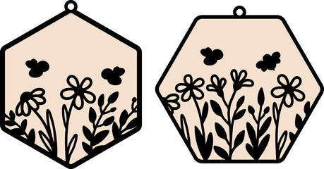 wildflower hexagon ornament png, floral sun catcher png, flower bees tags png, outline line art, laser ready cut files, glowforge silhouette cricut