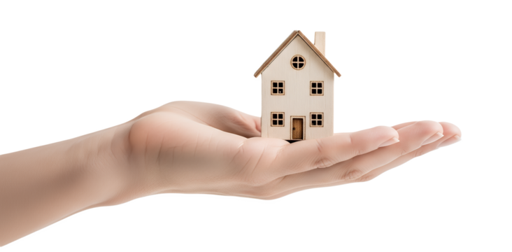 Hand holding miniature house, clean minimalist