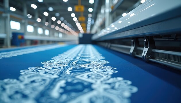 Large automated fabric printing machine in textile factory. The process involves digital printing on textile. A focus is given on design quality and high speed production. Modern tech meets fashion.