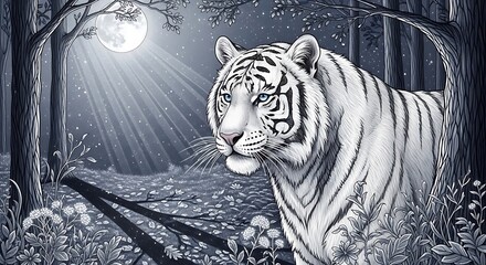 Majestic White Tiger in Enchanted Forest Under Moonlight.