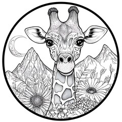 Whimsical hand drawn illustration of a giraffe s face in a circular frame with mountains and flowers