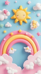 Whimsical pastel rainbow and sleeping sun decoration with fluffy clouds and tiny stars against a soft blue background