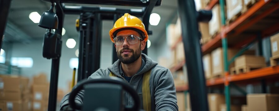 Man in yellow hard hat operates forklift in warehouse. Wears safety glasses, vest. Warehouse worker drives forklift among shelves with cardboard boxes. Industrial storage facility with stacked