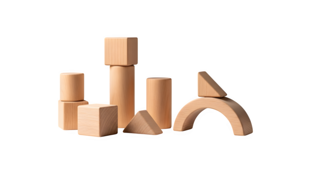 Collection of wooden building blocks in various shapes isolated on transparent background